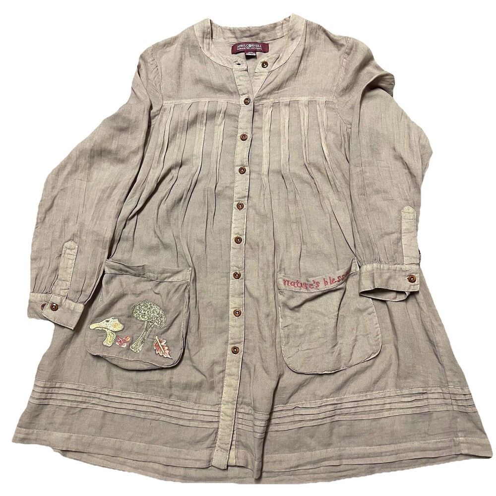 April Cornell Mushroom Artist Smock Tunic Size XXS Dusty Mauve Taupe Embroidered